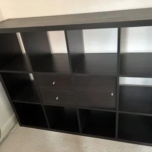 IKEA kallax shelving unit, black/brown with door and drawer inserts - Image 2