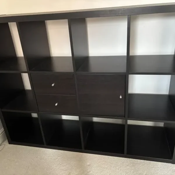IKEA kallax shelving unit, black/brown with door and drawer inserts