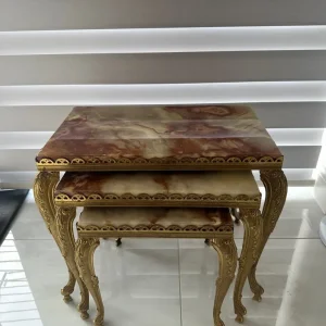 Vintage Onyx and Marble Nest of Tables with Brass Details - Image 2