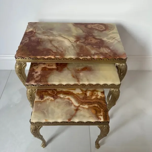 Vintage Onyx and Marble Nest of Tables with Brass Details