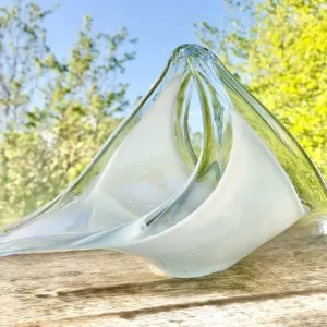White glass sail shaped basket bowl, 31cm long x 12cm wide x 18cm tall