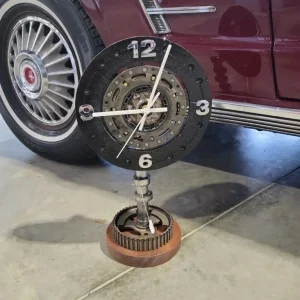 Handmade Clutch Plate Clock on Camshaft with Mahogany Base - Image 4