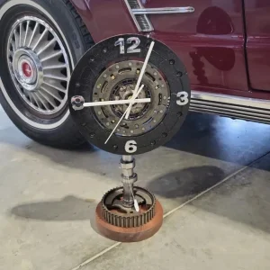 Handmade Clutch Plate Clock on Camshaft with Mahogany Base