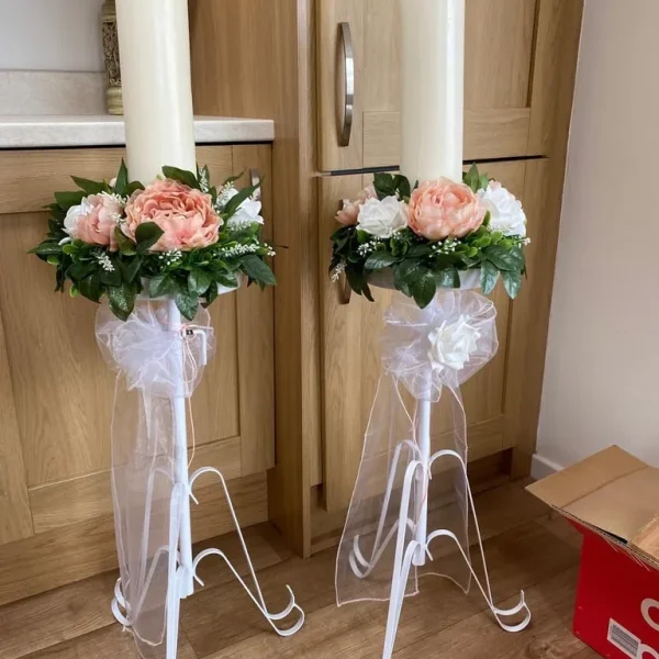 Wedding and church stands with flowers and candles
