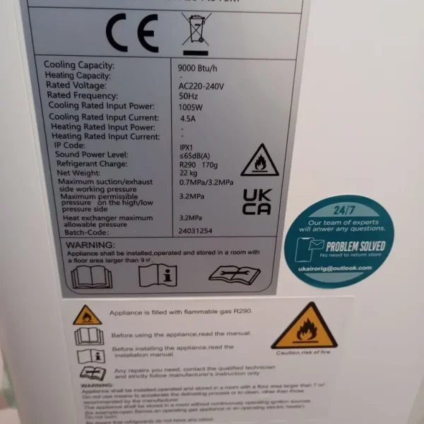 AIRORIG PORTABLE AIR CONDITIONER UNIT MODEL OL-BKY20-A010M