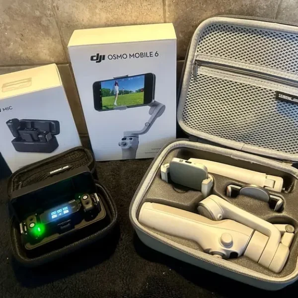 DJI wireless mic, Osmo gimbal, and lighting kit