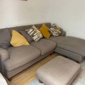 Grey L Shaped Sofa + Pillows + Pouffe - Image 2