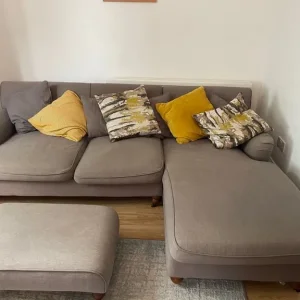 Grey L Shaped Sofa + Pillows + Pouffe
