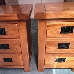 Rustic Solid Oak 3 Drawer Bedside Table x2