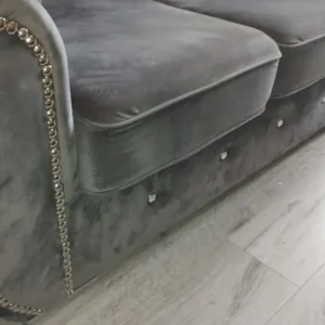 Slate gray chesterfield style sofa set with footstool - Image 3