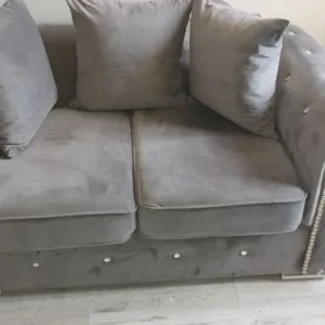 Slate gray chesterfield style sofa set with footstool - Image 5
