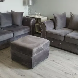 Slate gray chesterfield style sofa set with footstool - Image 6