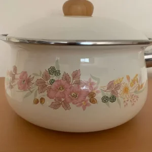 Vintage Hedge Rose Sauce Pan With Lid, Cream Enamel, Floral Pattern