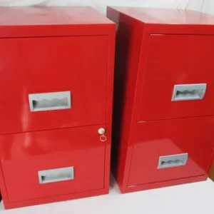 PAIR OF BRIGHT RED 2 DRAWER FILING CABINETS WITH KEYS