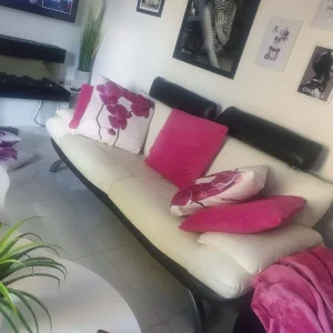 2 x 3 seater leather sofas plus foot stool - Image 2