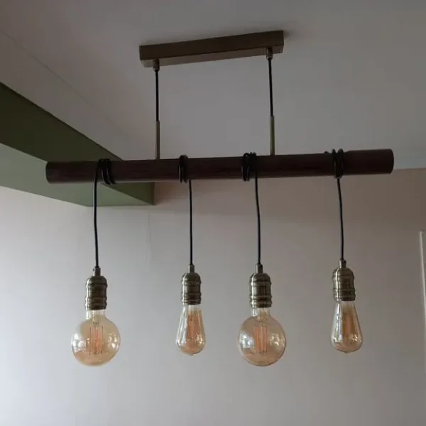 Pendant, 4 bulb, dark wood & brass ceiling light