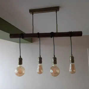 Pendant, 4 bulb, dark wood & brass ceiling light