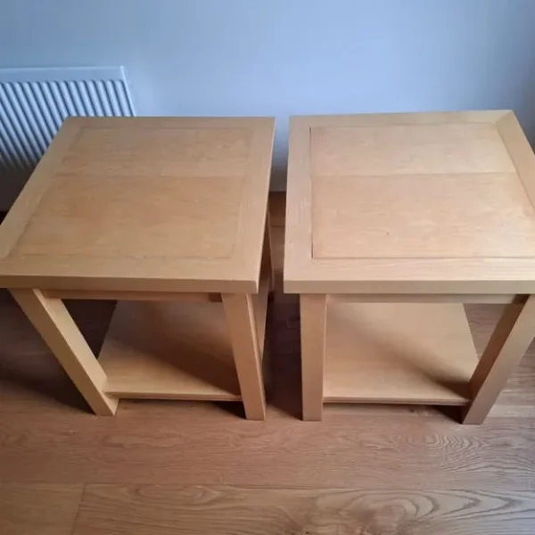 2 x custom made solid wood tables – 50cm square, 60cm tall