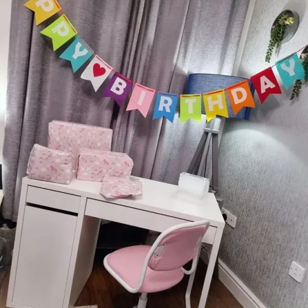 Ikea Desk with White and Pink & White Swivel Chair