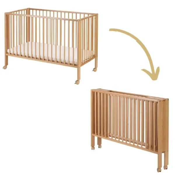 White foldable solid beech wood cot with mattress