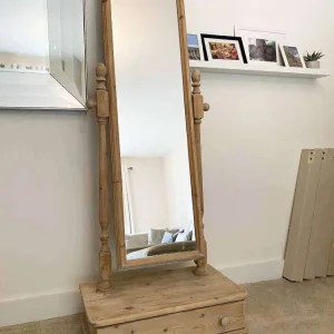 Antique Pine Cheval Mirror with Wall Drawer - Image 4
