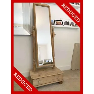 Antique Pine Cheval Mirror with Wall Drawer