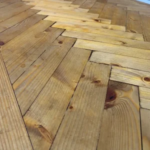 Reclaimed Wood Herringbone Parquet Dining Table with French Bistro Cast Iron Legs 117x68cm - Image 4