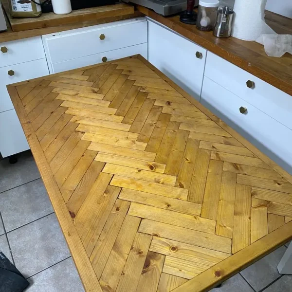 Reclaimed Wood Herringbone Parquet Dining Table with French Bistro Cast Iron Legs 117x68cm