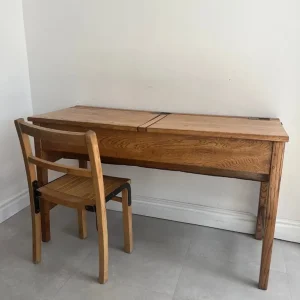 Antique kids double desk with chairs and original ink pots - Image 5