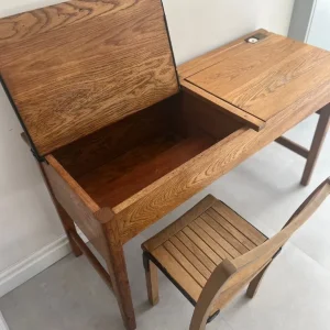 Antique kids double desk with chairs and original ink pots