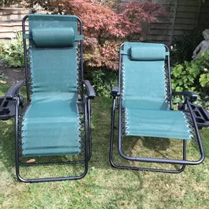 2 x Green Zero Gravity garden chairs