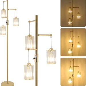 3-Lights Crystal Standing Gold Lamp with Dimmer