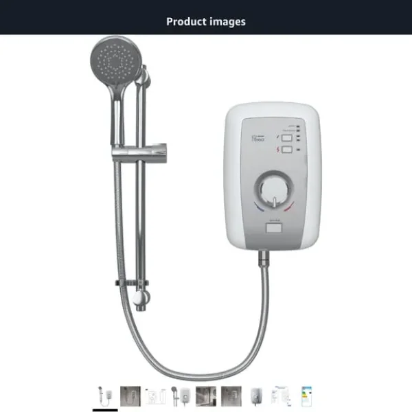 Triton Perea Electric Shower 8.5kW (Opal 3, Aquasurge, Rosato) white with brushed steel finish