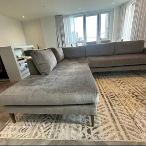 West Elm L-shaped grey sofa with brushed velvet and gold legs - Image 3
