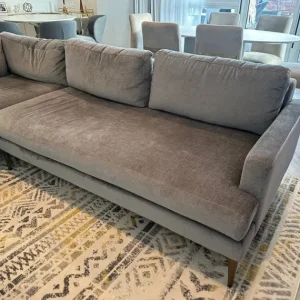 West Elm L-shaped grey sofa with brushed velvet and gold legs - Image 4