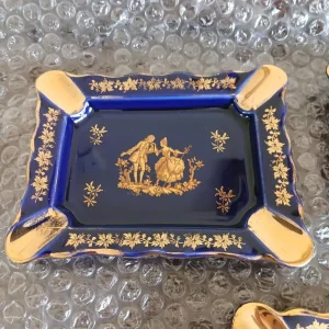VTG Limoges Castel France Porcelain 22k Gold & Cobalt Blue Ashtrays Set of 3 - Image 2