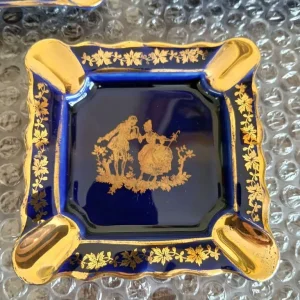 VTG Limoges Castel France Porcelain 22k Gold & Cobalt Blue Ashtrays Set of 3 - Image 3