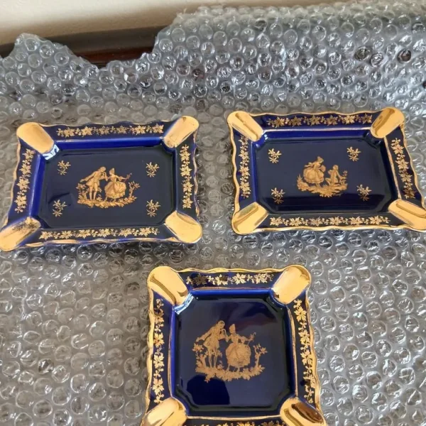 VTG Limoges Castel France Porcelain 22k Gold & Cobalt Blue Ashtrays Set of 3