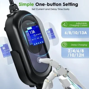 EV Charger Type 2 to 3 Pin, 8M, 13A Adjustable, 12 Hours Delay, Touch Control, 3.3kW