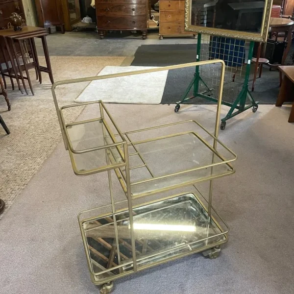 Mid century brass and glass drinks trolley with casters