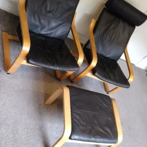 Ikea Poang set - two black leather chairs and footstool - Image 2