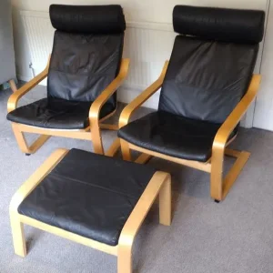 Ikea Poang set - two black leather chairs and footstool - Image 3