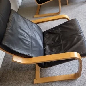 Ikea Poang set - two black leather chairs and footstool - Image 6