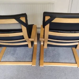 Ikea Poang set - two black leather chairs and footstool - Image 7