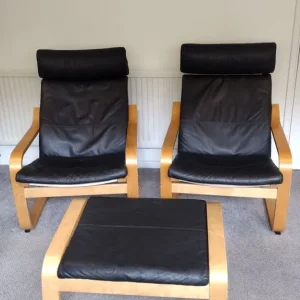 Ikea Poang set - two black leather chairs and footstool