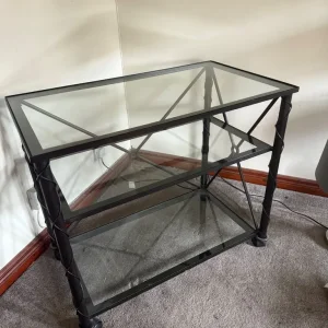 Black Iron & Glass Hall Table – 3 Tier with Wheels