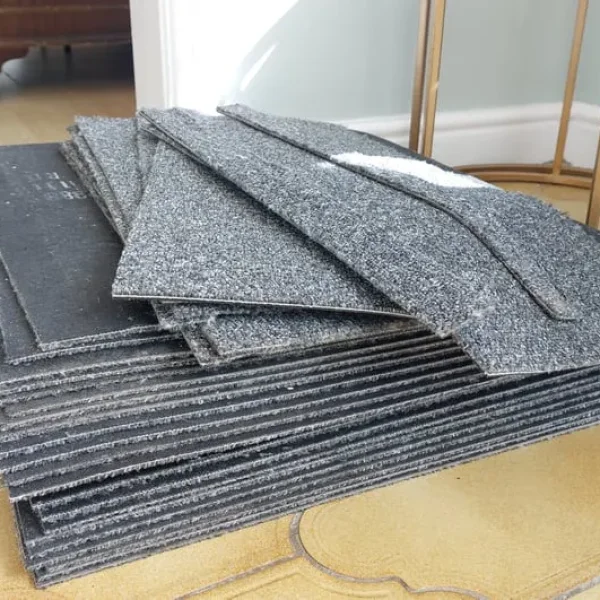 Used dark grey carpet tiles, 50cm square, 24 pieces plus offcuts