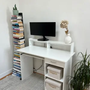 Minimalistic white desk with drawer and shelf - Image 3