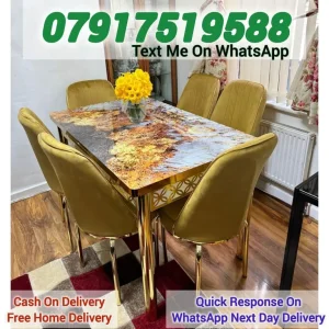Gold dining table with extendable and round options, 4 or 6 chairs