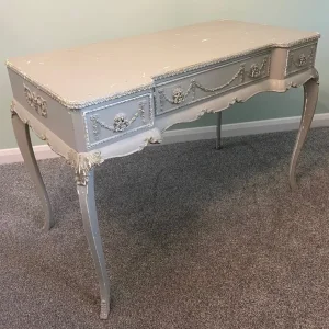 Shabby Chic Dove Grey Desk with Ornate Carvings - Image 3